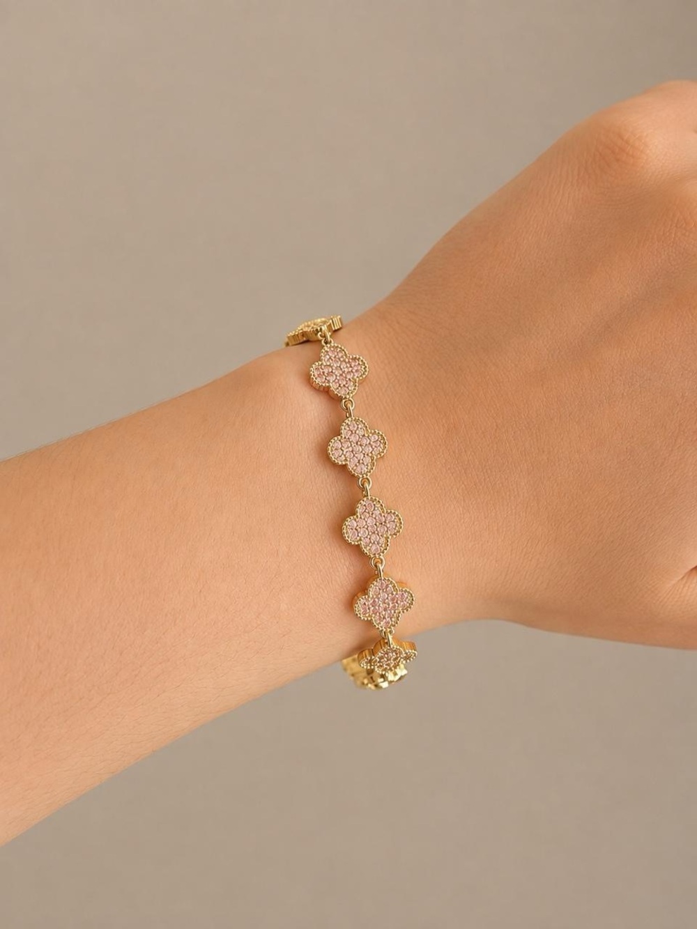 ✨ Pink CZ Clover 18K Gold-Filled Stainless Steel Bracelet ✨